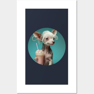 Cute Kawaii Chinese Crested Drinking Bubble Tea - Adorable Dog Lover's Design for Tea Enthusiasts Posters and Art